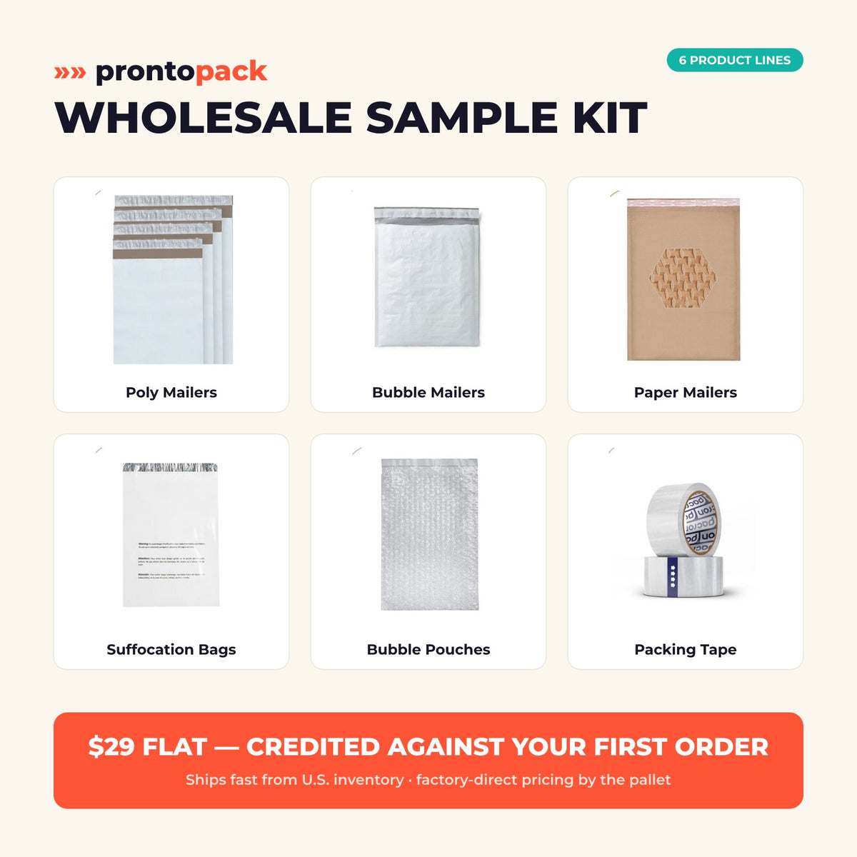 ProntoPack Wholesale Sample Kit - samples from 6 factory-direct product lines: poly mailers, bubble mailers, paper mailers, suffocation warning bags, bubble pouches, and packing tape. $29, credited against your first wholesale order.